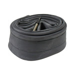 Black bicycle inner tube with valve stem coiled on white background