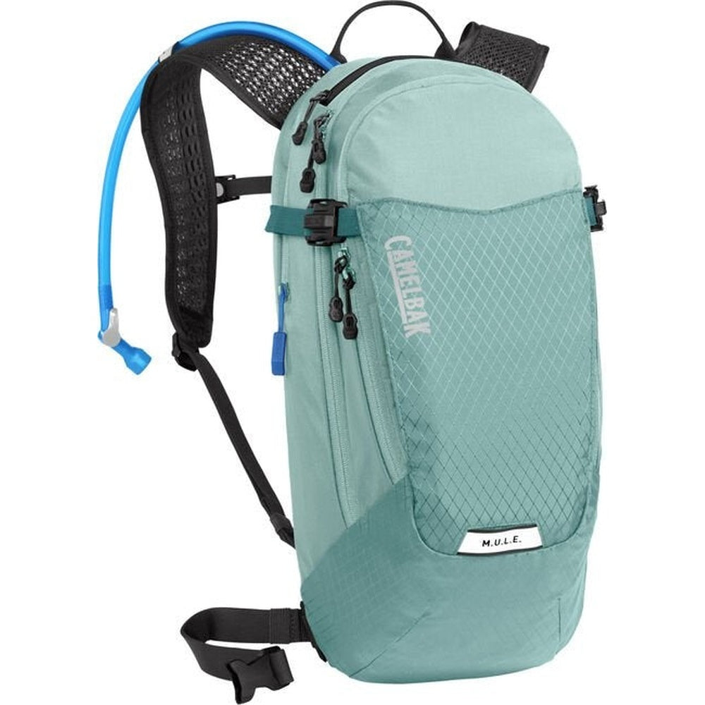 CamelBak MULE hydration backpack in light blue with black mesh shoulder straps