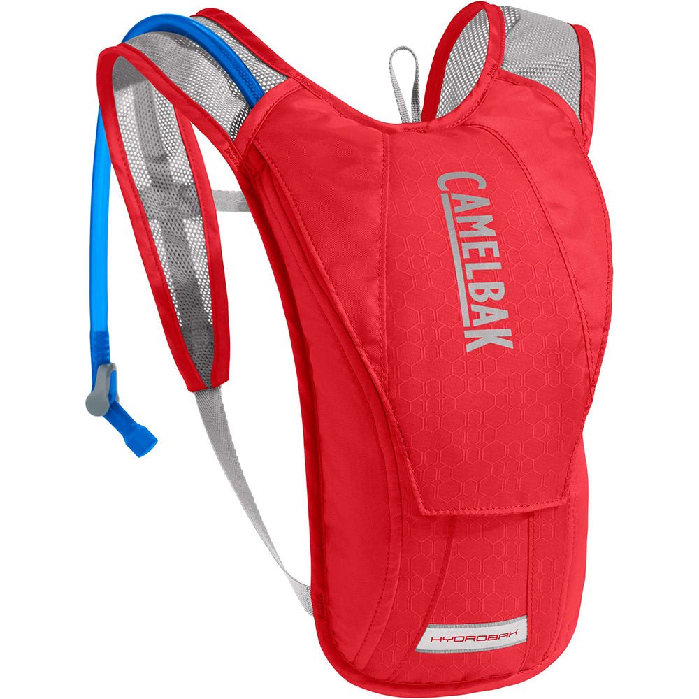 CamelBak Hydrobak hydration backpack in racing red with silver mesh straps and blue tube