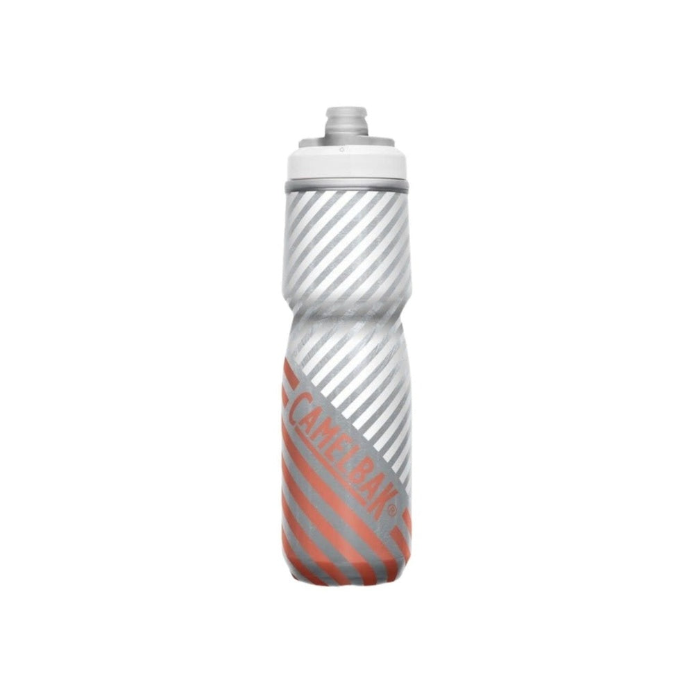 CamelBak Podium Chill water bottle with gray and coral diagonal stripe design