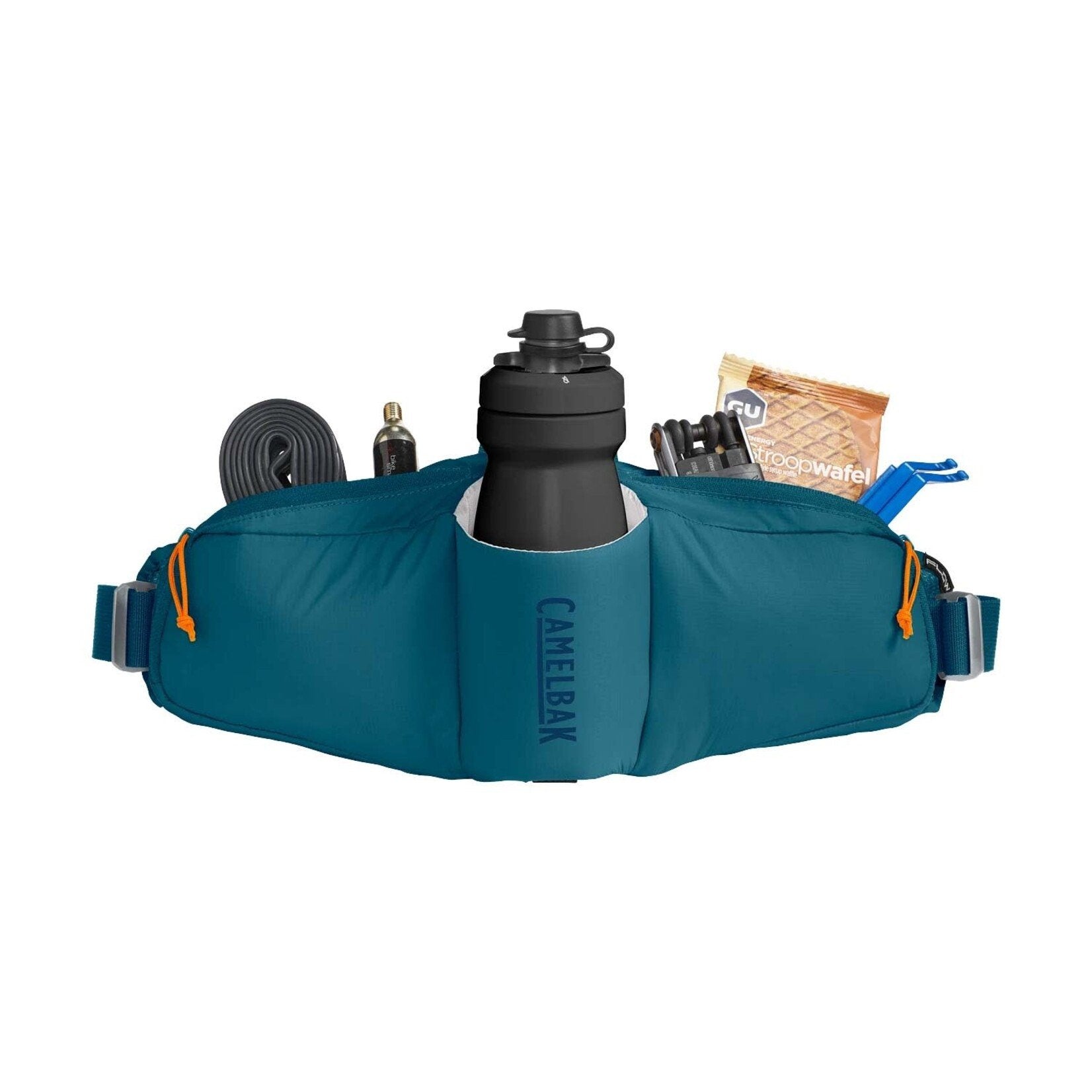Camelbak teal waist pack with water bottle and gear displayed on white background