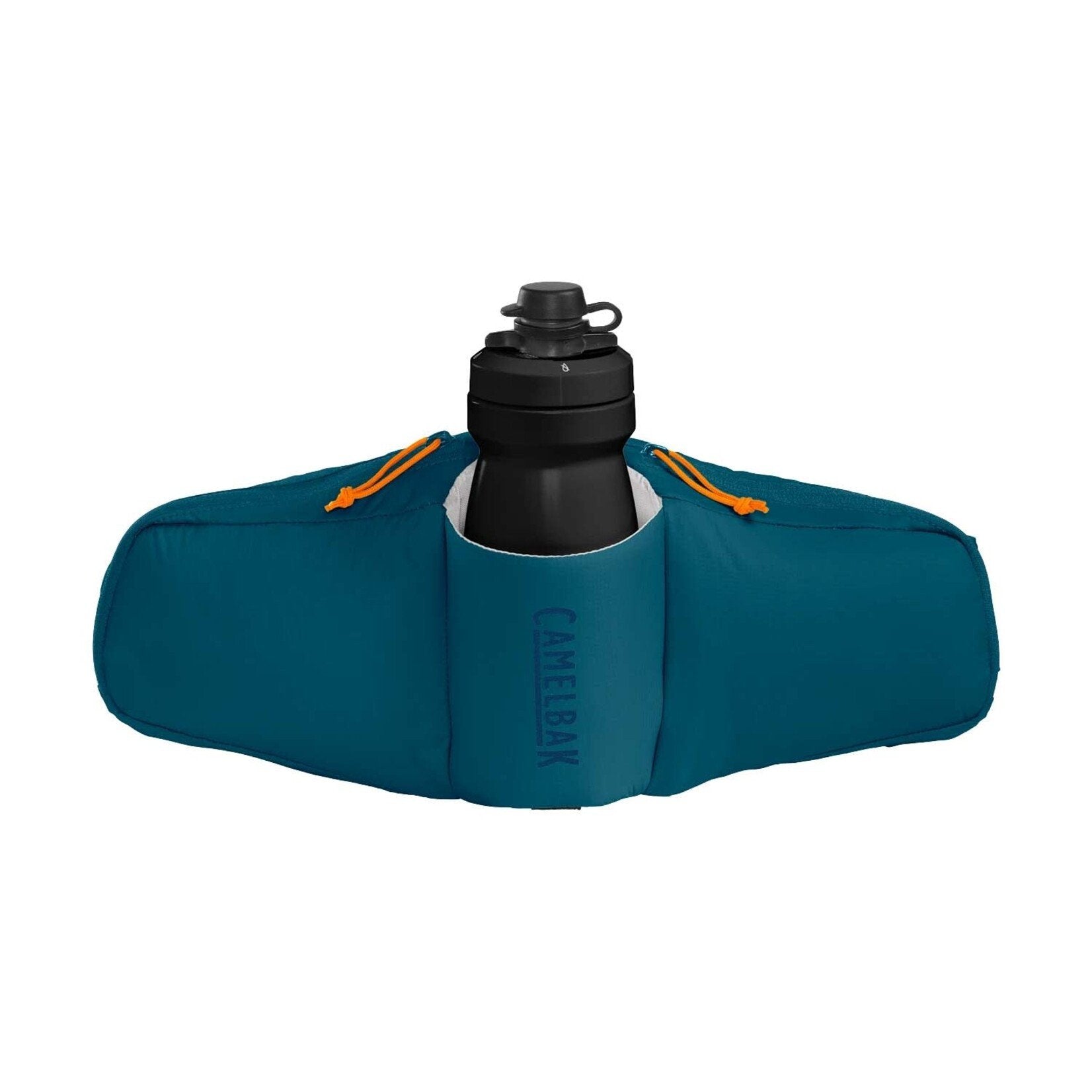 CamelBak Podium Flow 2 waist pack in moroccan blue with black water bottle