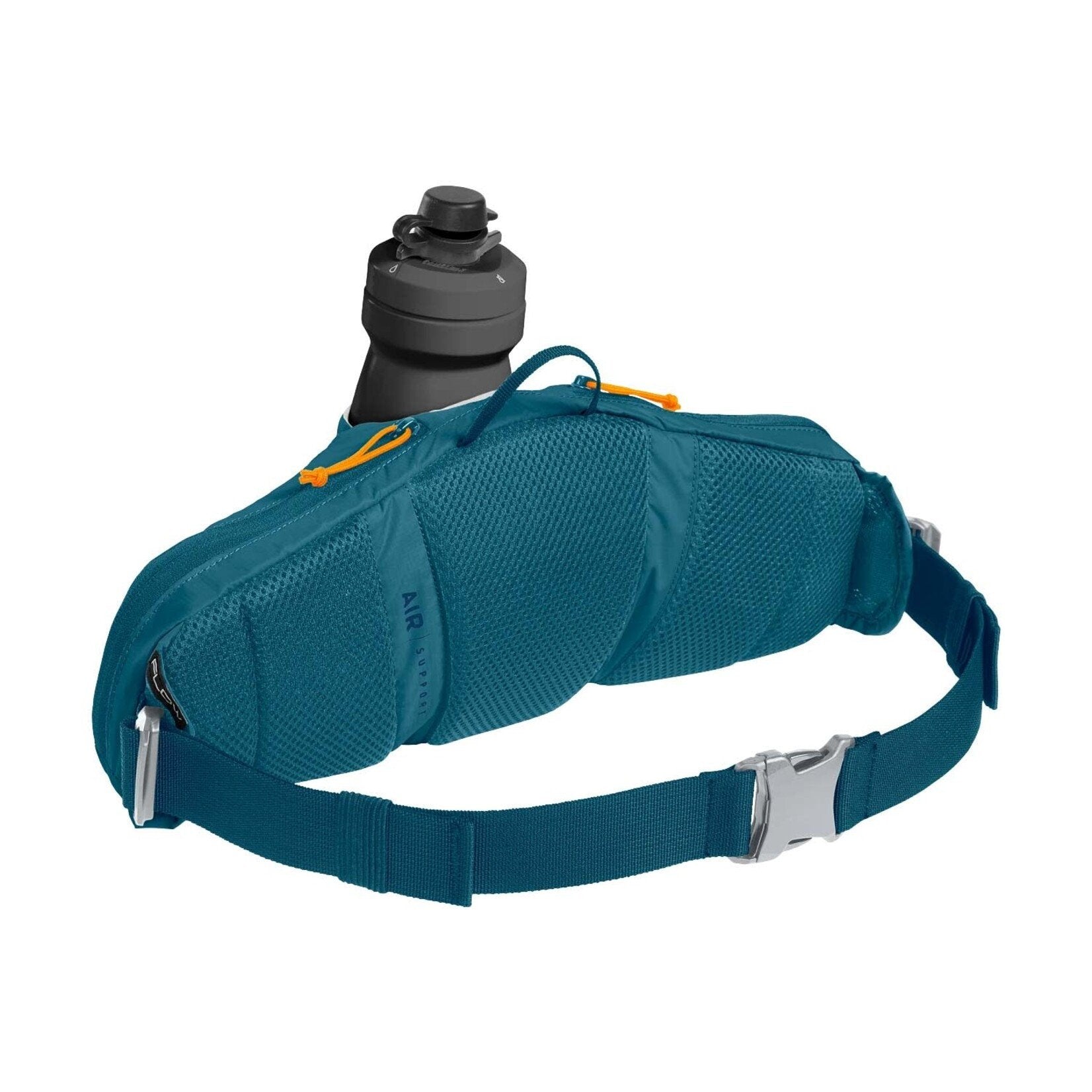 CamelBak teal waist pack with water bottle on clean white background