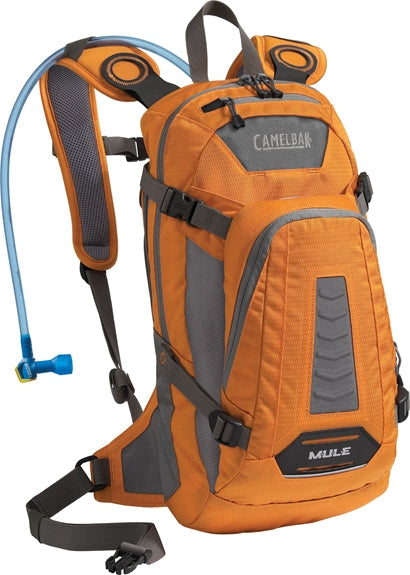 CamelBak Mule hydration backpack in orange and gray with blue hydration tube