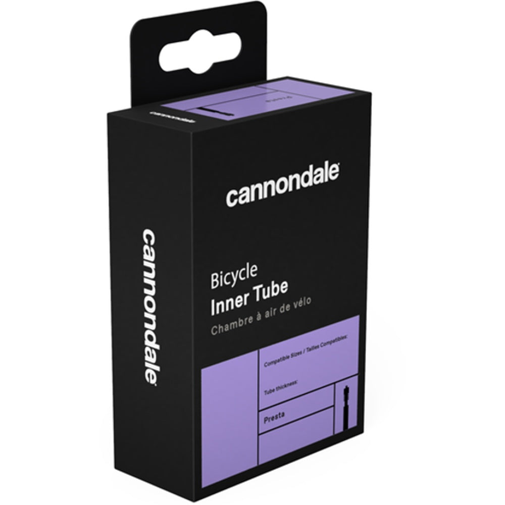 Cannondale bicycle inner tube in black and purple retail packaging with Presta valve