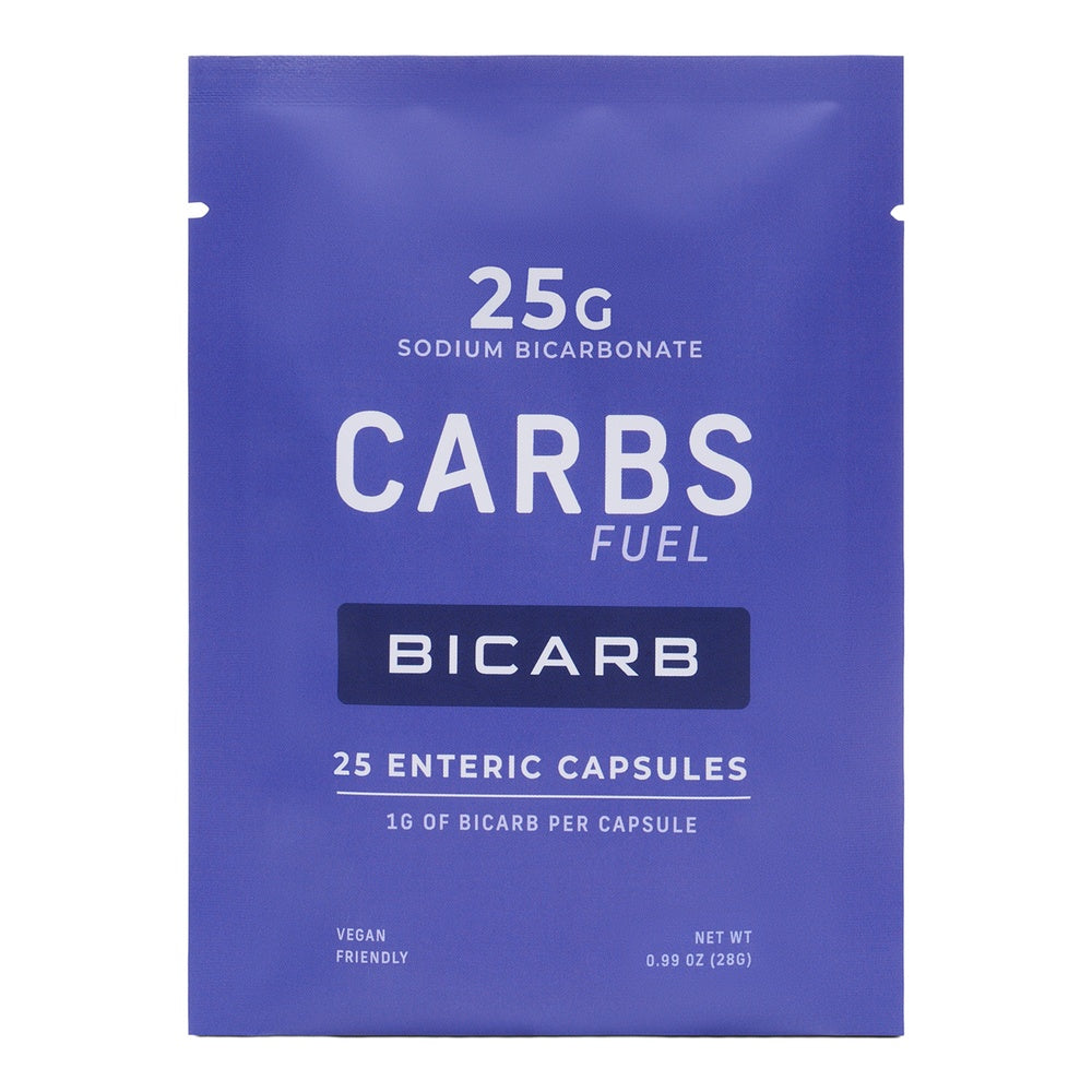 Carbs Fuel Bicarb single-serve packet with 25g sodium bicarbonate and 25 enteric capsules