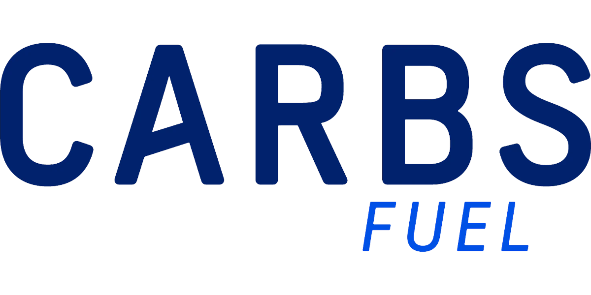 Carbs Fuel brand logo in bold dark blue and bright blue lettering on white background