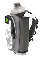 Amphipod handheld water bottle with ergonomic hand strap in gray and white