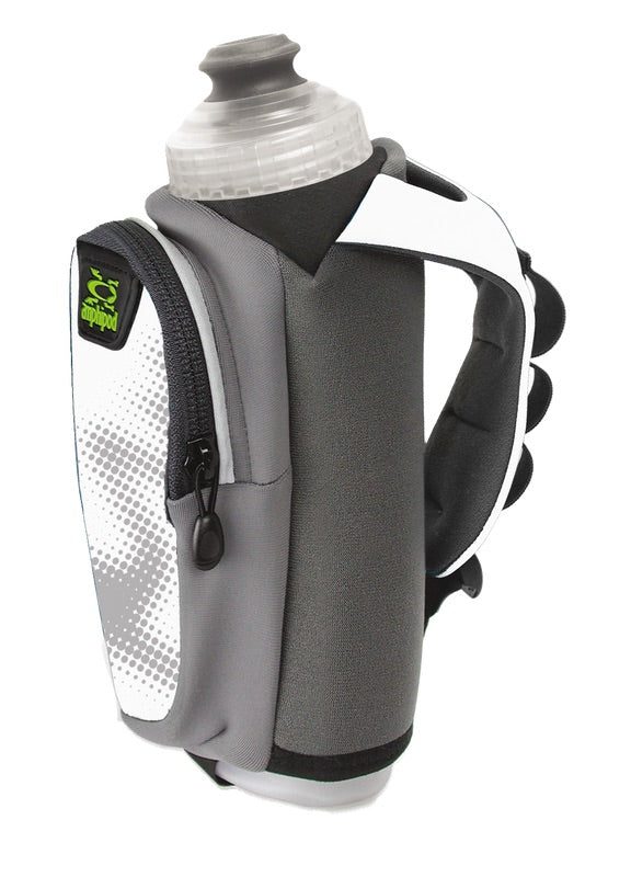 Amphipod handheld water bottle with ergonomic hand strap in gray and white