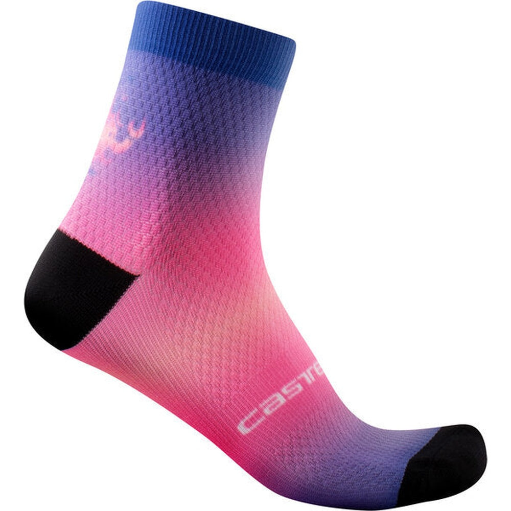 Castelli cycling sock with pink to blue gradient pattern and black heel and toe