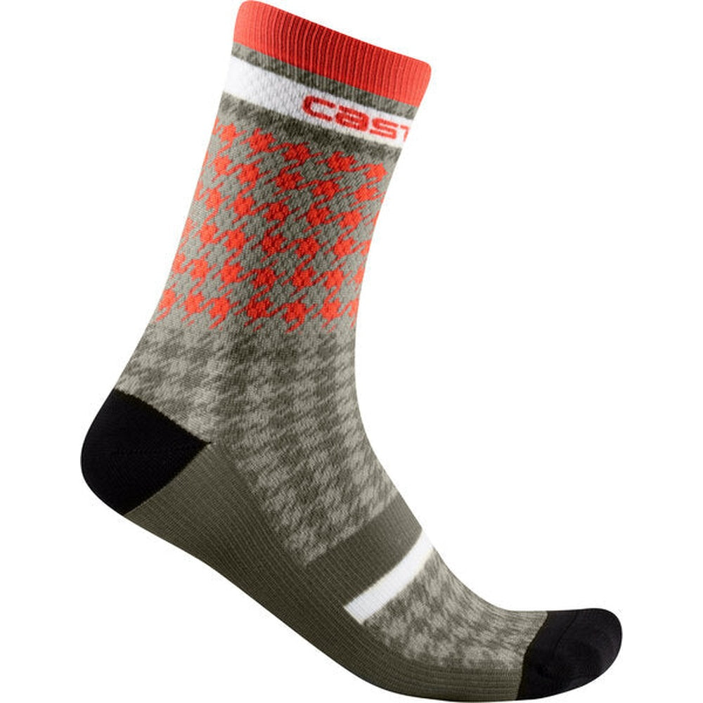 Castelli cycling sock with gray base, red geometric pattern, and black accents