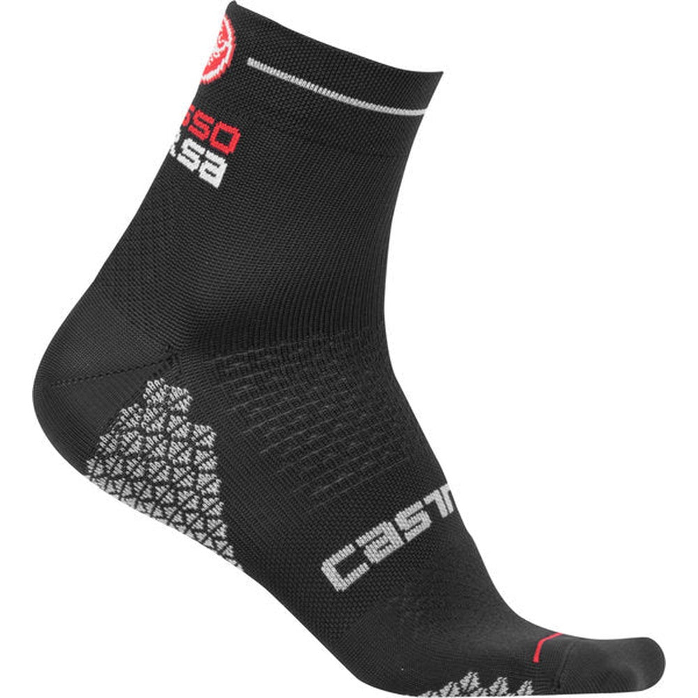 Castelli Rosa Corsa Due black cycling sock with red logo and grip pattern