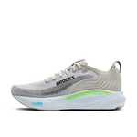Brooks Adrenaline GTS 25 men's running shoe in oyster gray with green gecko and blue accents