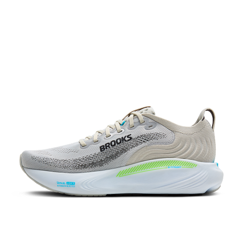 Brooks Adrenaline GTS 25 men's running shoe in oyster gray with green gecko and blue accents
