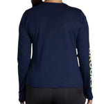 Brooks Distance Long Sleeve women's navy top with lime logo, rear view