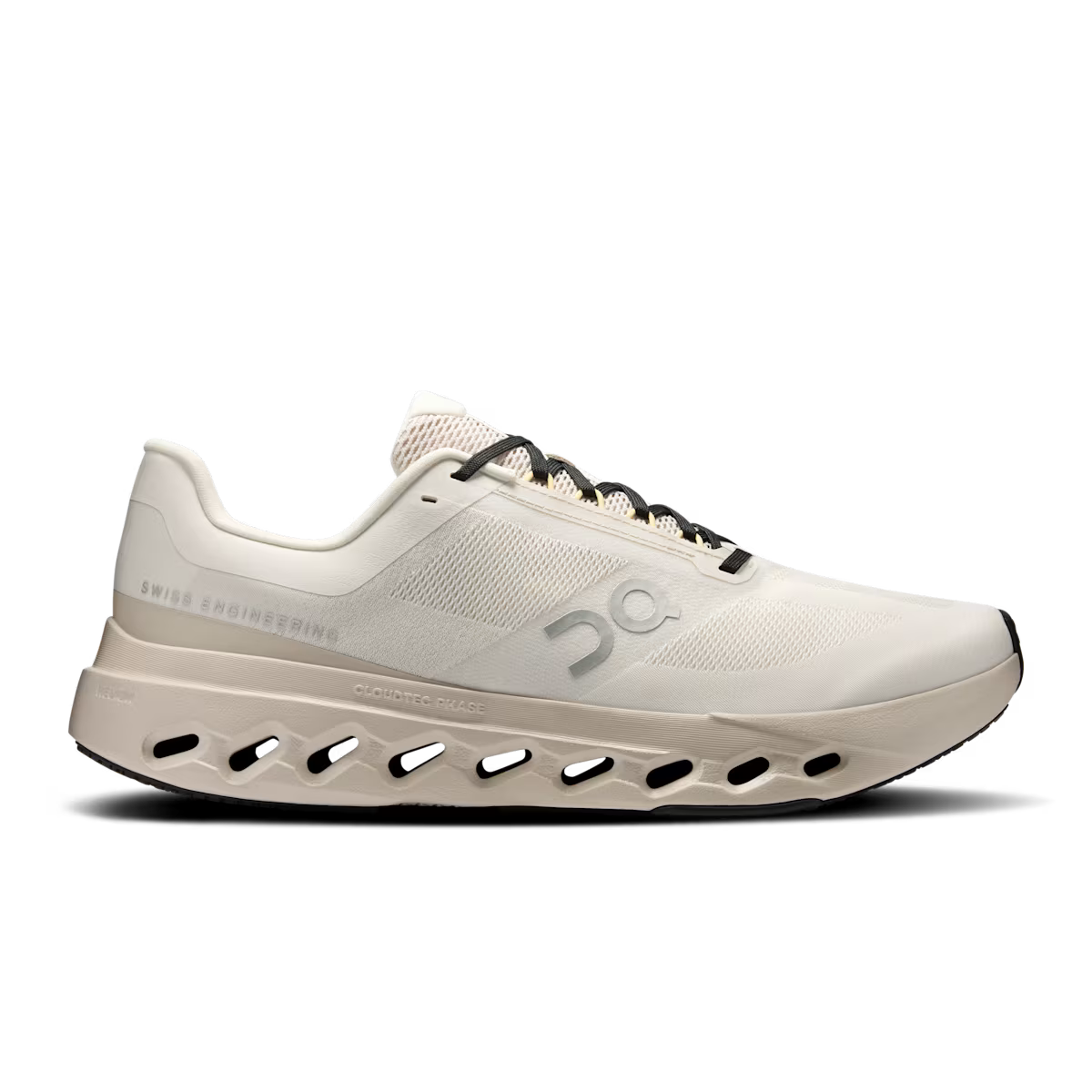 On Cloudsurfer Next men's running shoe in ivory colorway with black laces, lateral view