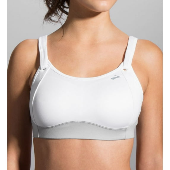 Brooks Fiona Sport Bra in white with gray trim on model