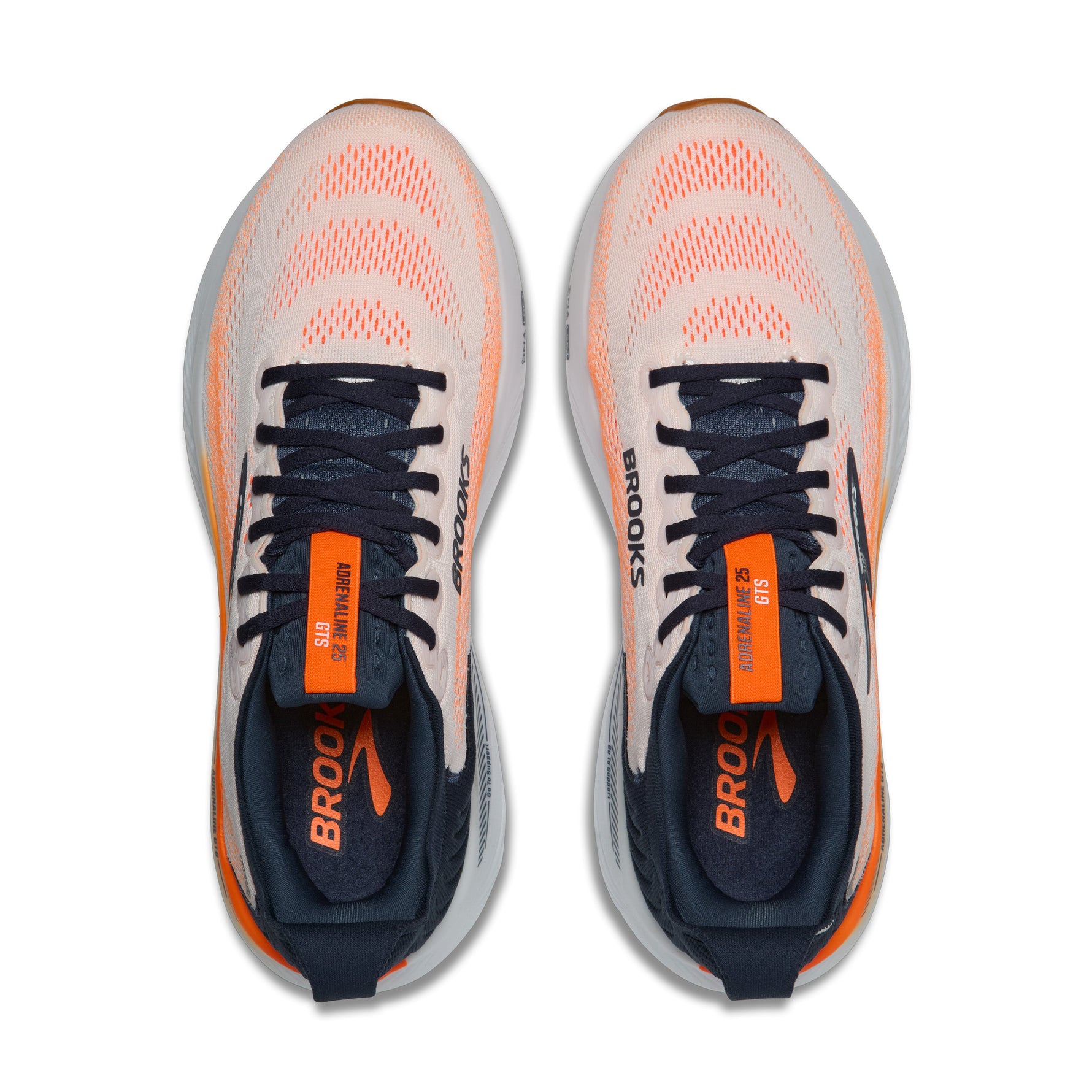 Brooks Adrenaline GTS 25 men's running shoe in white with orange and navy accents