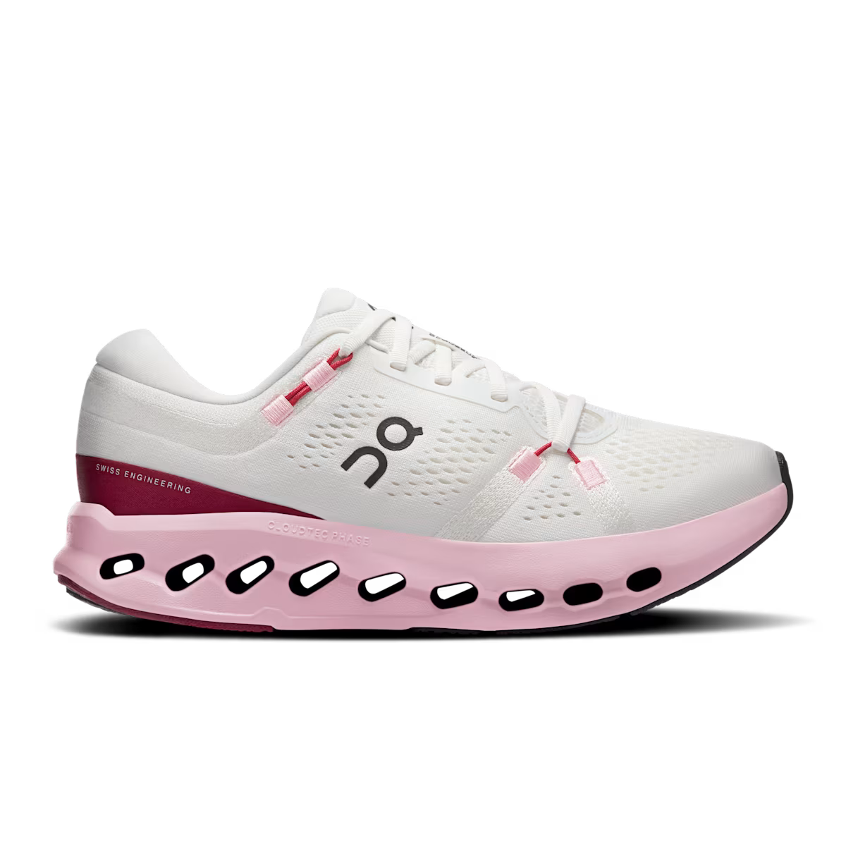 On Cloudsurfer 2 women's running shoe in pearl white with pink orchid accents