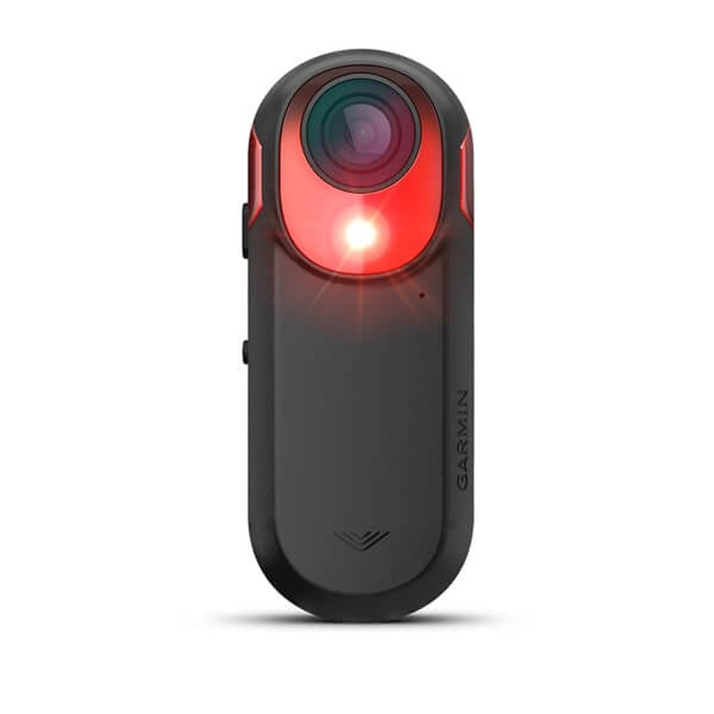 Garmin Varia RCT715 rear bike light with camera showing red LED illuminated