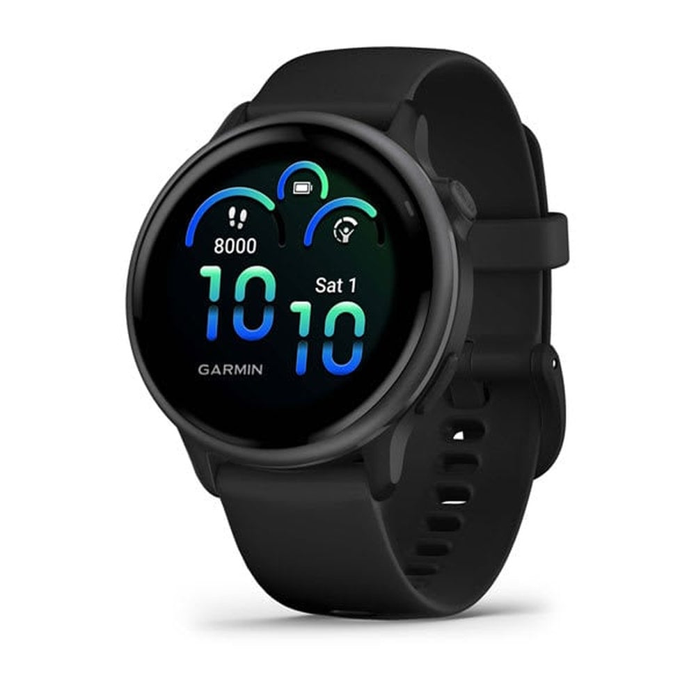 Garmin Vivoactive 6 smartwatch in slate with black silicone band showing colorful display