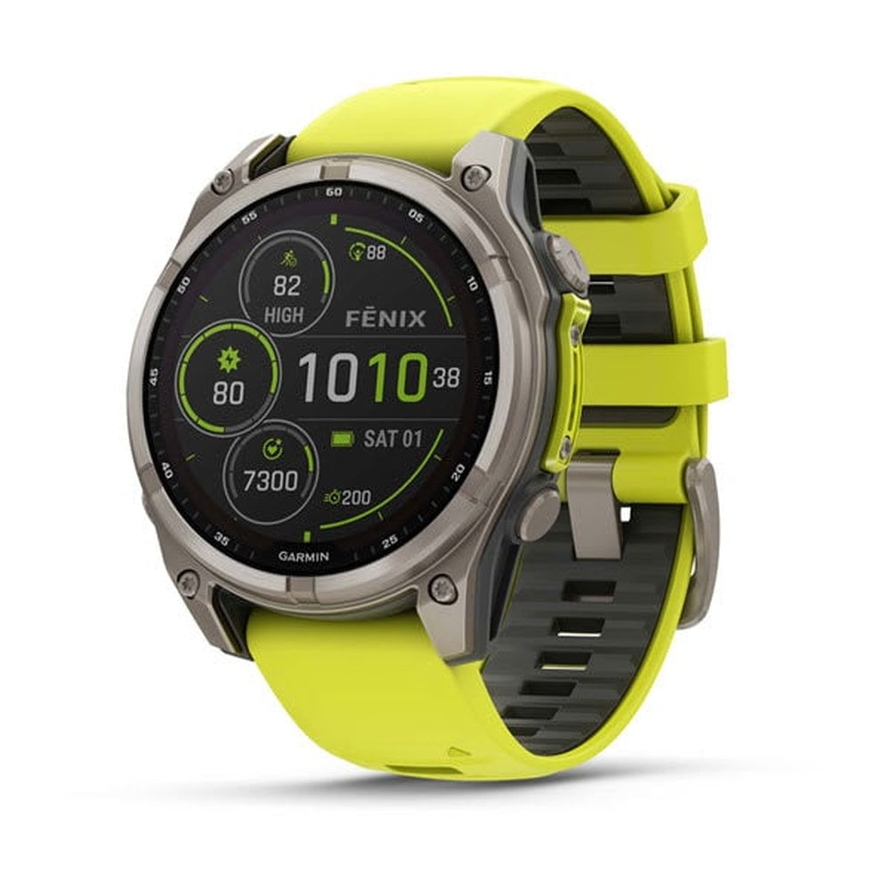 Garmin Fenix 8 smartwatch with titanium case and bright yellow silicone band