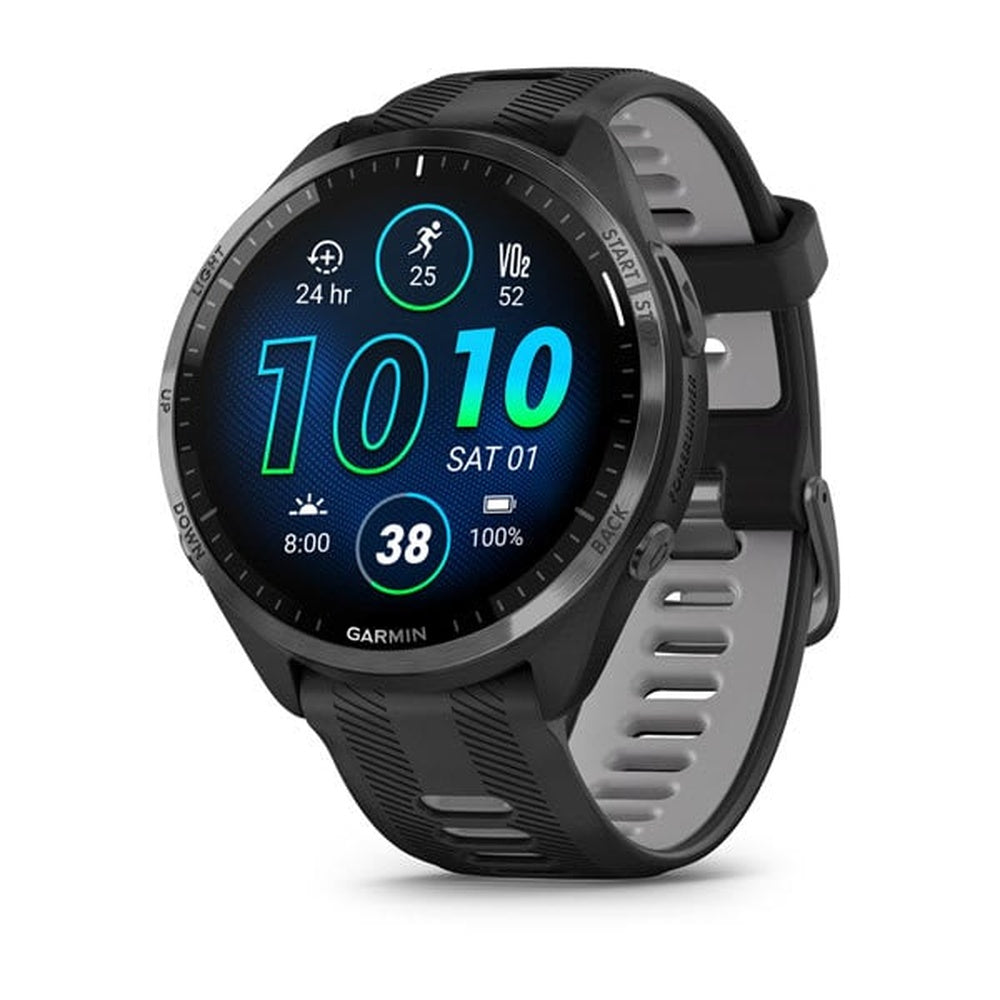 Garmin Forerunner 965 smartwatch with black case and black gray silicone band displaying colorful interface
