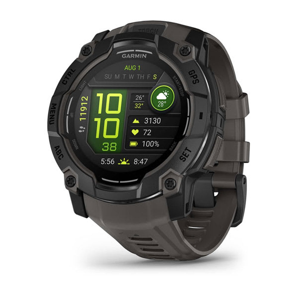 Garmin Instinct 3 50mm AMOLED smartwatch in black with charcoal band displaying fitness data