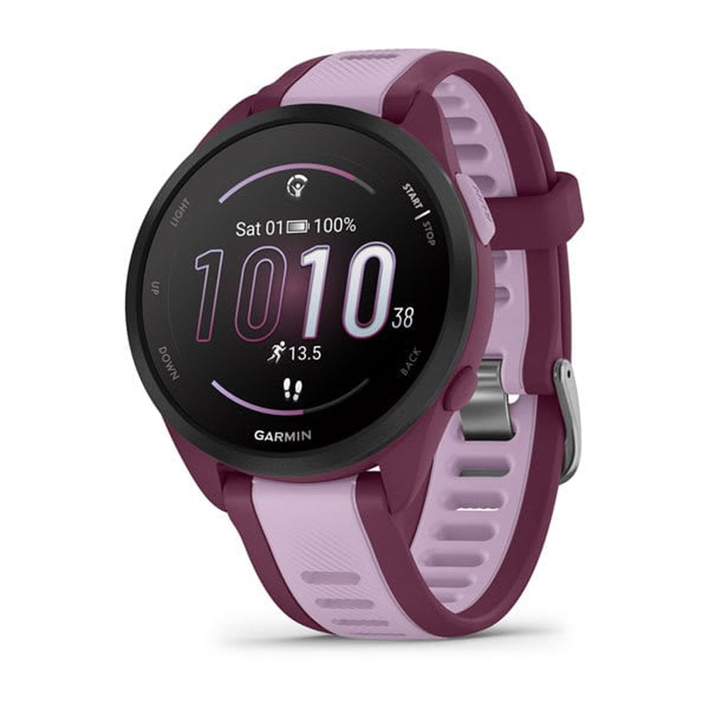 Garmin Forerunner 165 Music smartwatch in berry and lilac colors showing fitness display