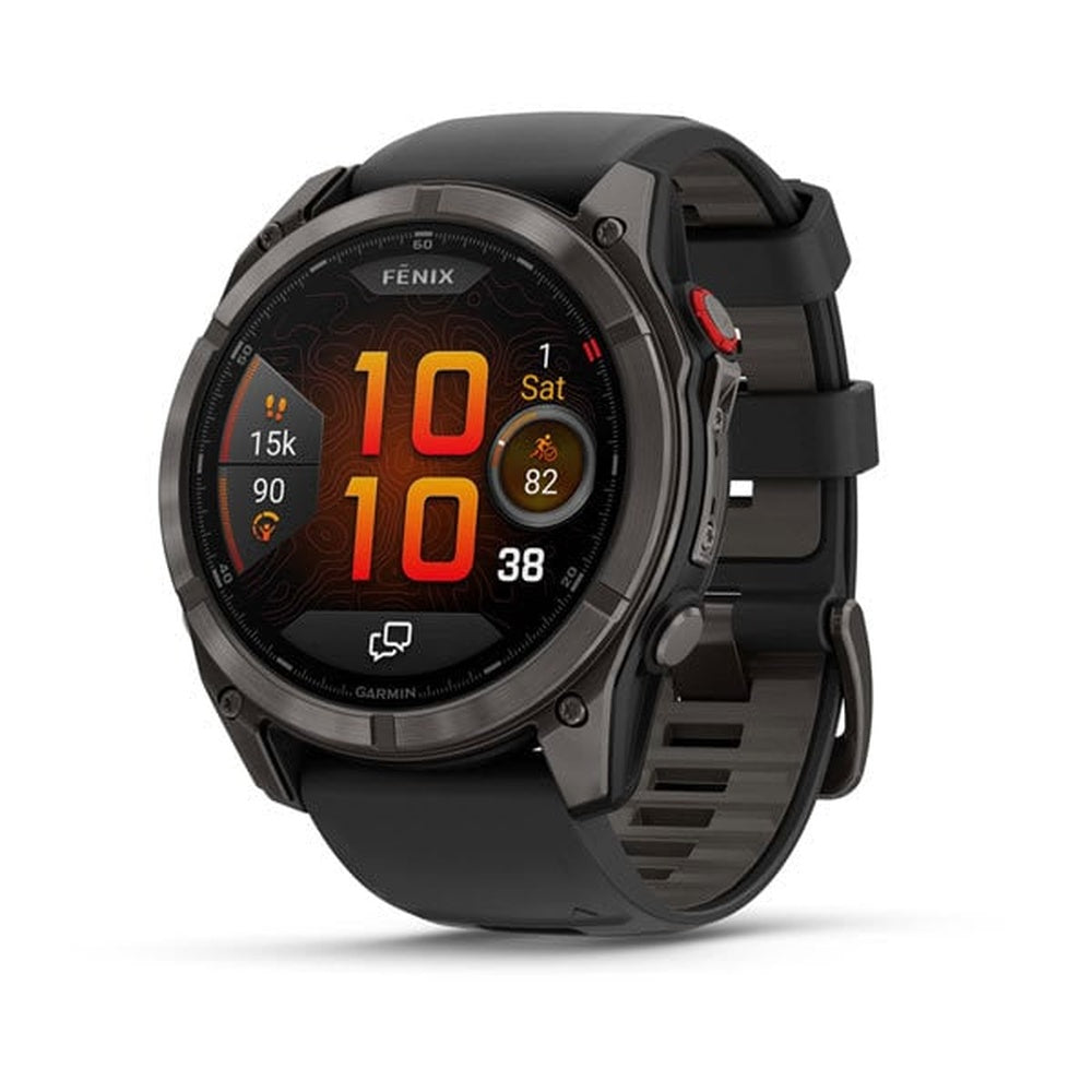 Garmin Fenix 8 Pro smartwatch with carbon gray titanium case and black band