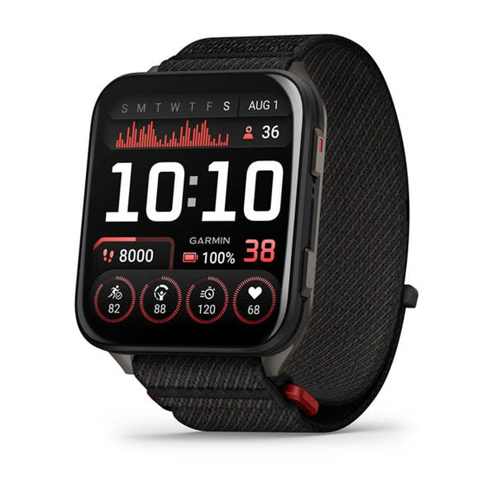 Garmin Venu X1 smartwatch with black nylon band displaying fitness metrics