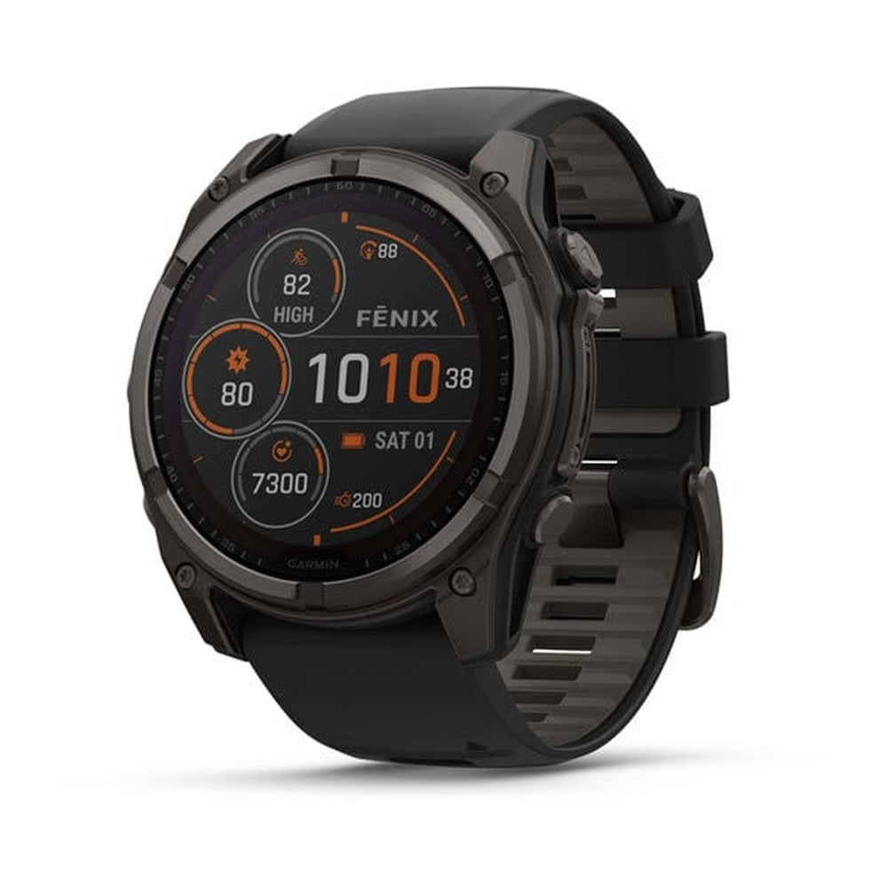 Garmin Fenix 8 smartwatch with carbon gray titanium case and black/gray silicone band