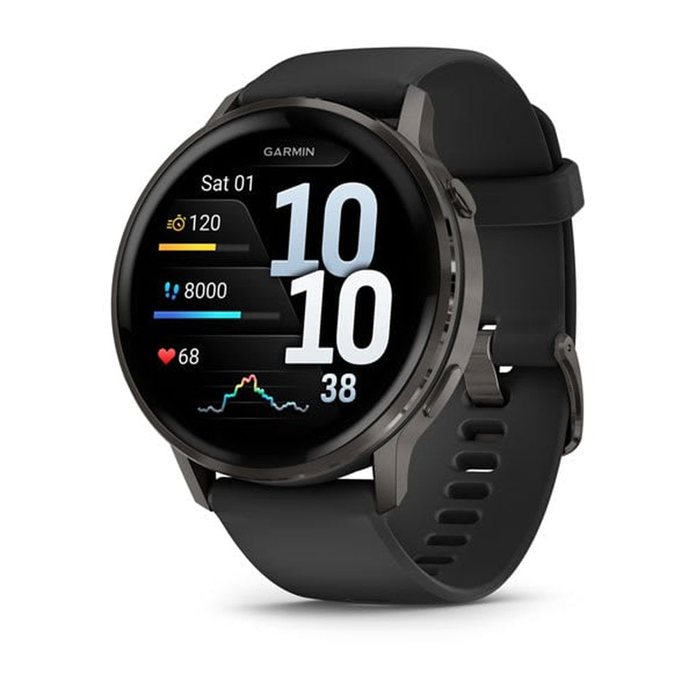 Garmin Venu 4 smartwatch with slate gray case and black band showing fitness stats