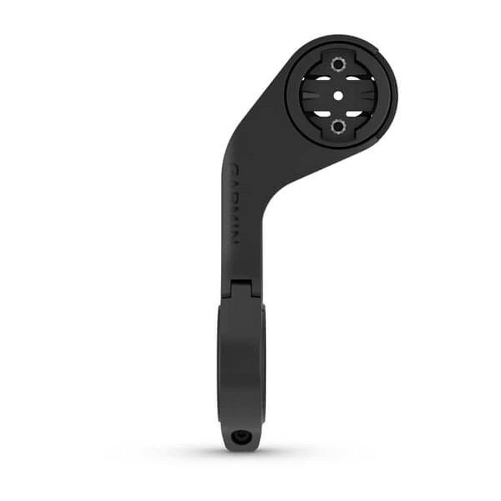 Black Garmin out-front bike mount with curved design and circular attachment head