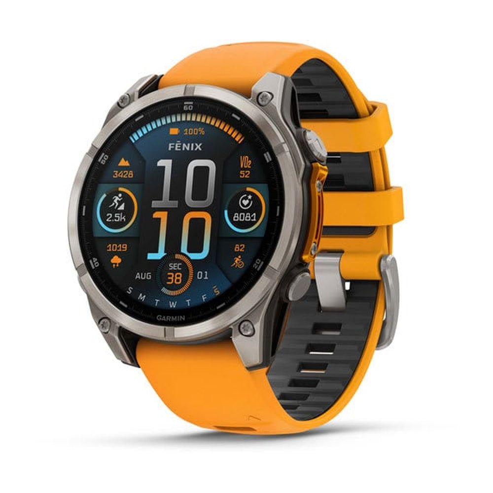 Garmin Fenix 8 smartwatch with titanium case and orange silicone band
