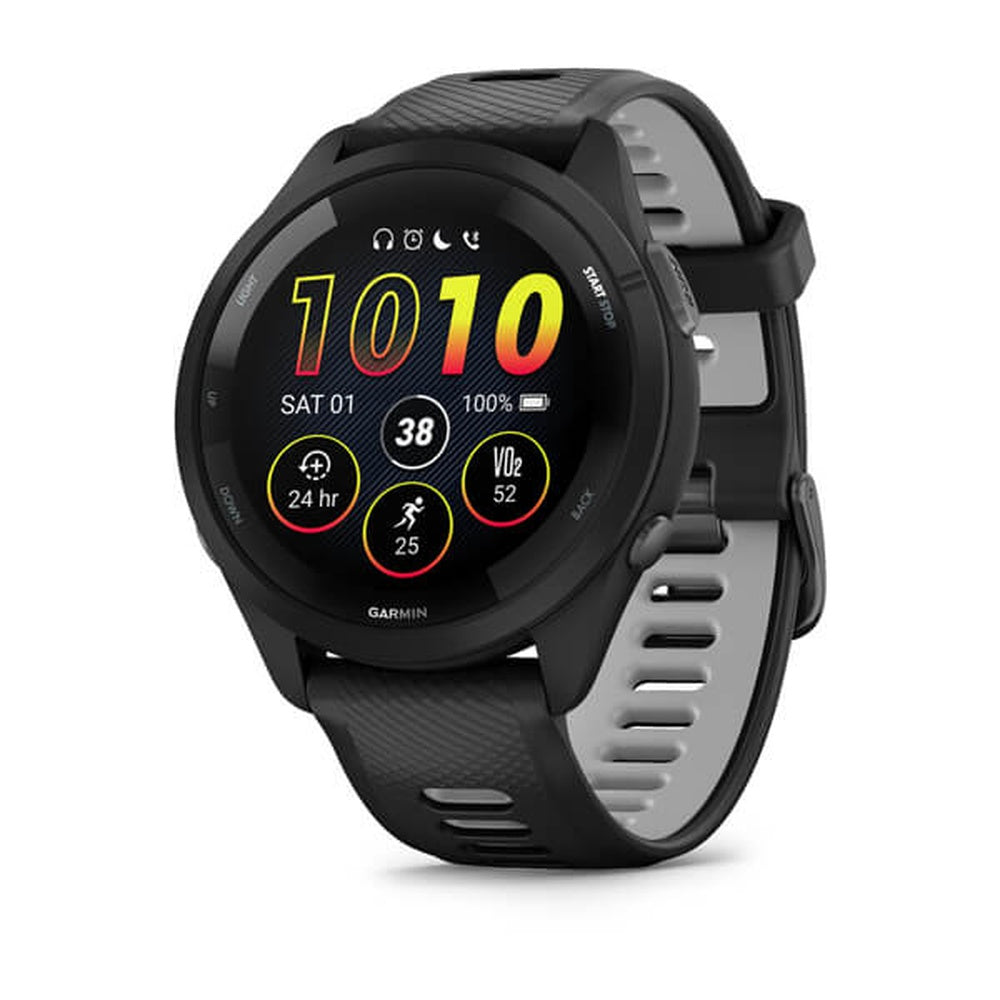 Garmin Forerunner 265 smartwatch with black case and black powder gray band