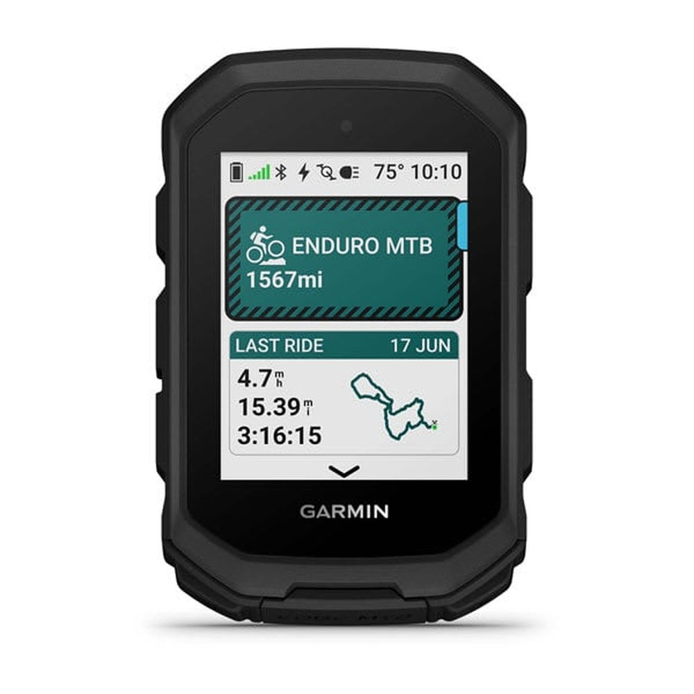 Black Garmin Edge MTB GPS cycling computer displaying ride statistics and navigation screen
