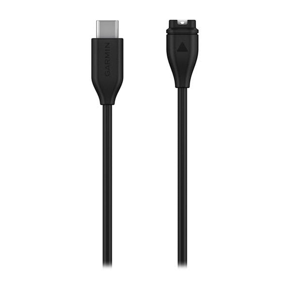 Black Garmin USB-C charging cable with connectors on clean white background