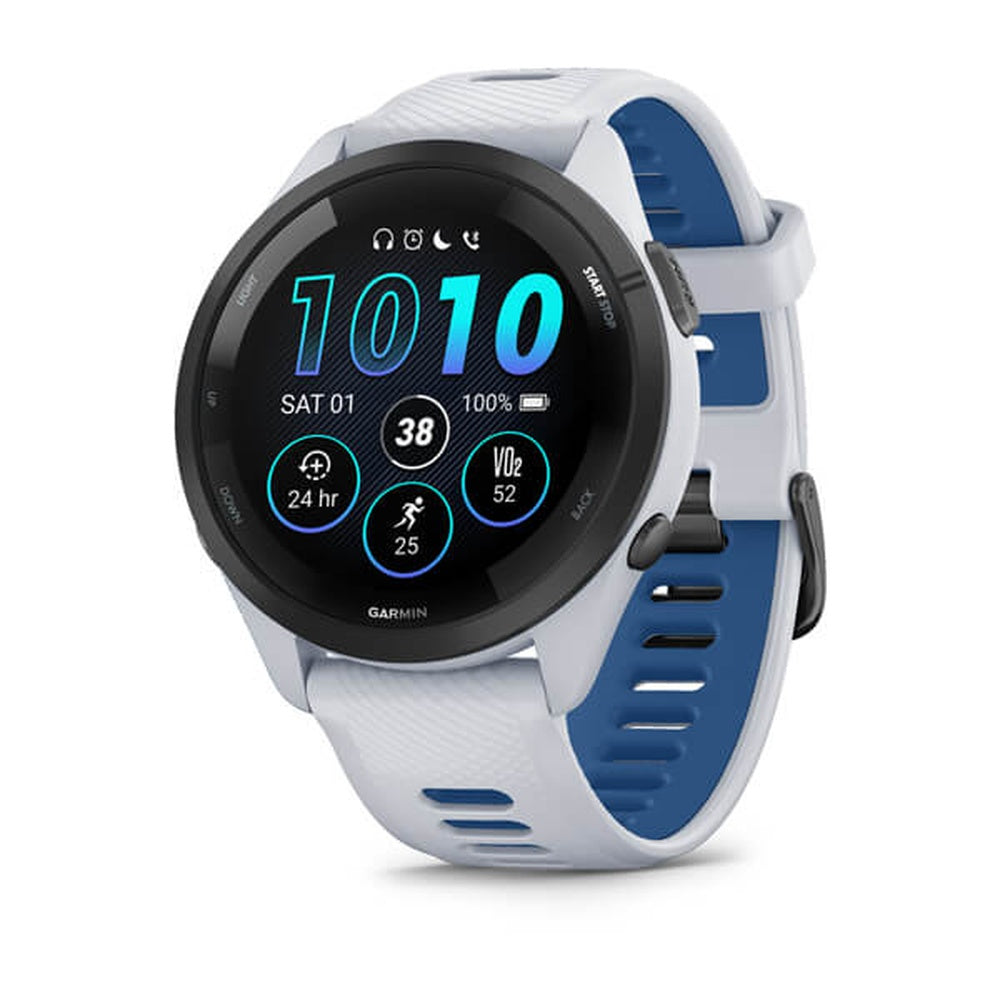 Garmin Forerunner 265 smartwatch with white case and blue silicone band