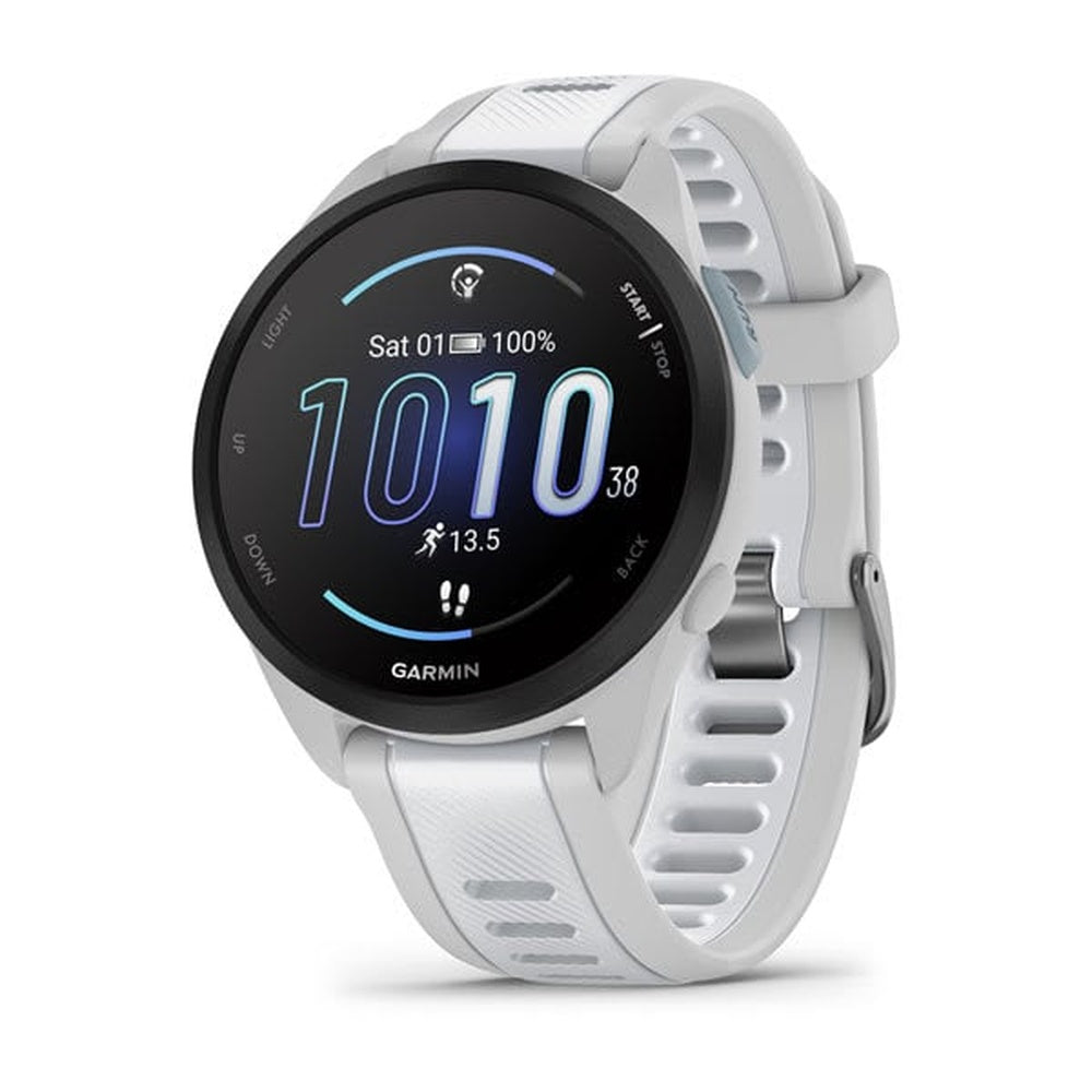 Garmin Forerunner 165 Music smartwatch in mist gray with white band displaying time