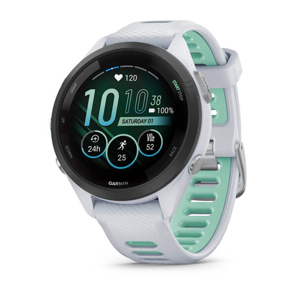 Garmin Forerunner 265S smartwatch with whitestone case and neo tropic silicone band
