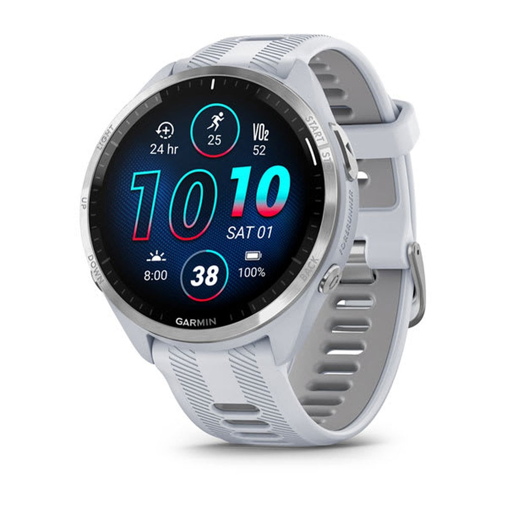 Garmin Forerunner 965 smartwatch in whitestone with gray silicone band showing fitness data