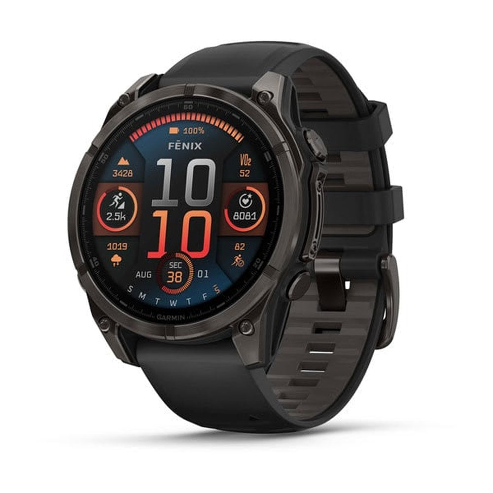 Garmin Fenix 8 smartwatch with carbon gray titanium case and black silicone band