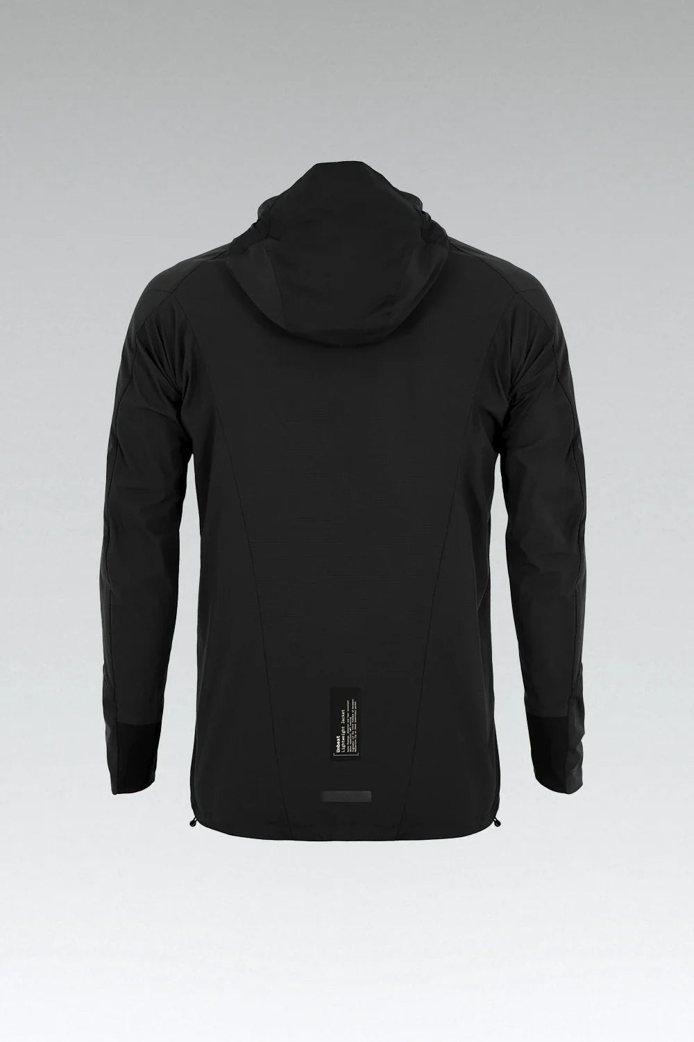 Back view of black Gobik men's lightweight rain jacket with hood