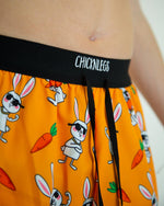 ChicknLegs 2-inch DS Split Shorts in Bad Bunny orange pattern with cartoon rabbits and carrots