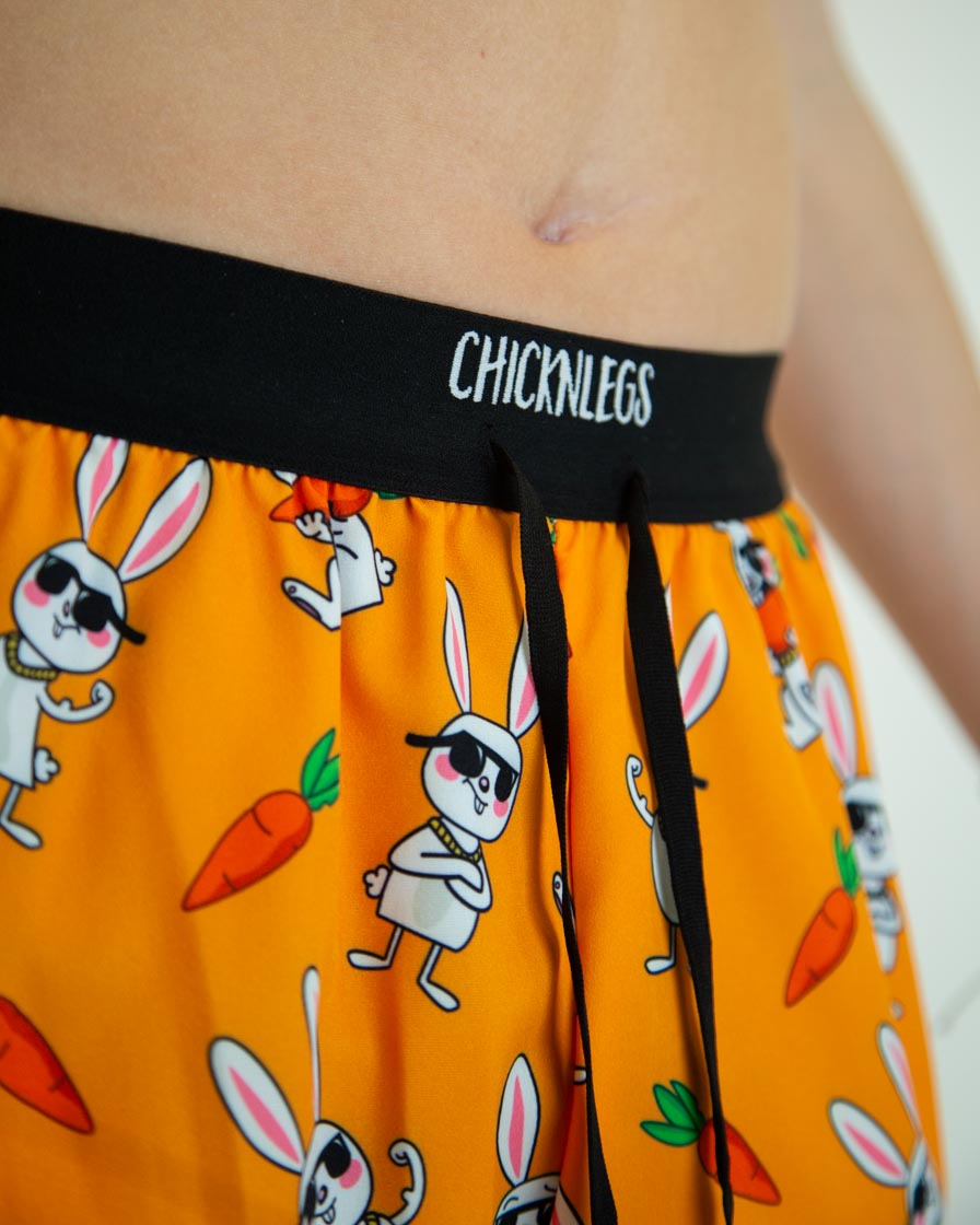 ChicknLegs 2-inch DS Split Shorts in Bad Bunny orange pattern with cartoon rabbits and carrots