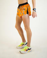 ChicknLegs 2-inch split running shorts in orange Bad Bunny print with carrots pattern