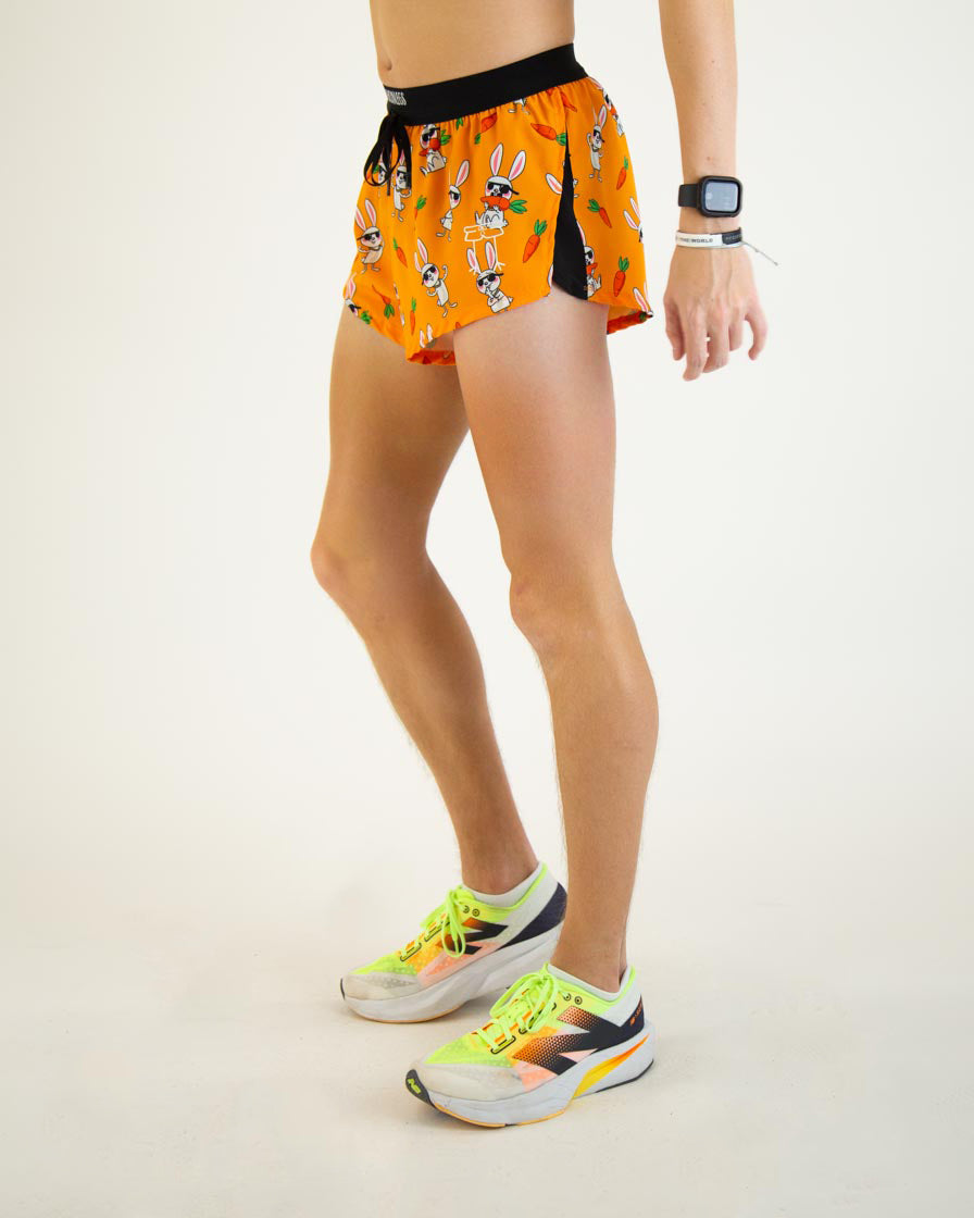 ChicknLegs 2-inch split running shorts in orange Bad Bunny print with carrots pattern