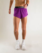 Man wearing Chicknlegs deep purple split running shorts with black waistband