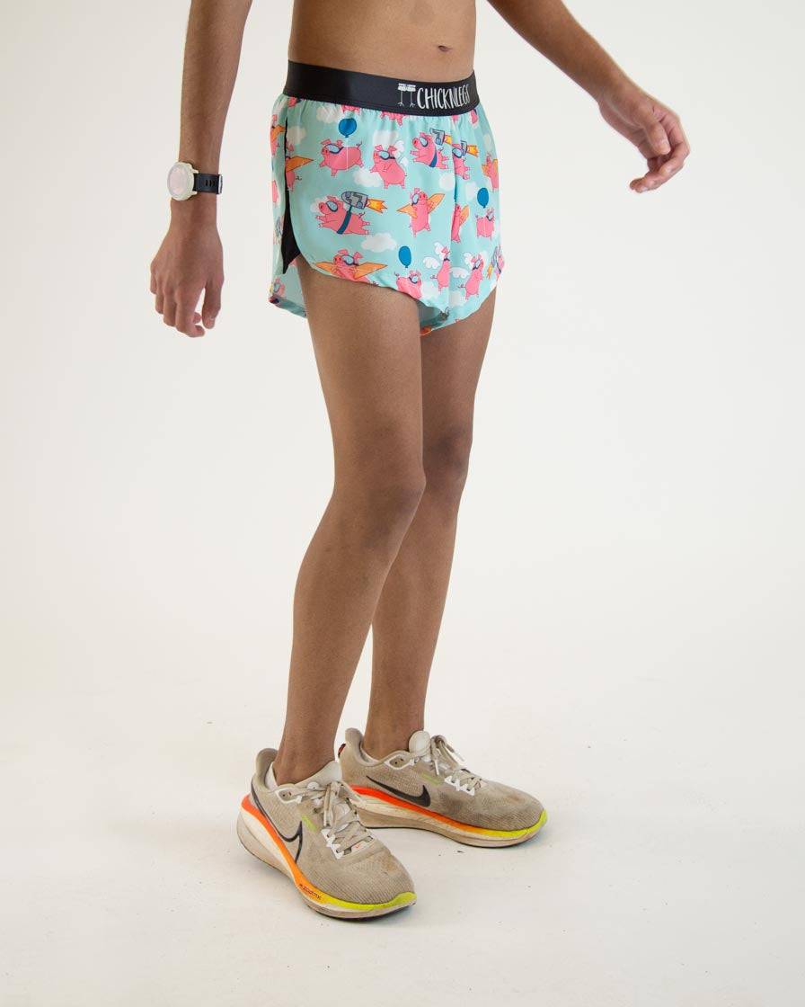 ChicknLegs men's split running shorts with flying pig print pattern
